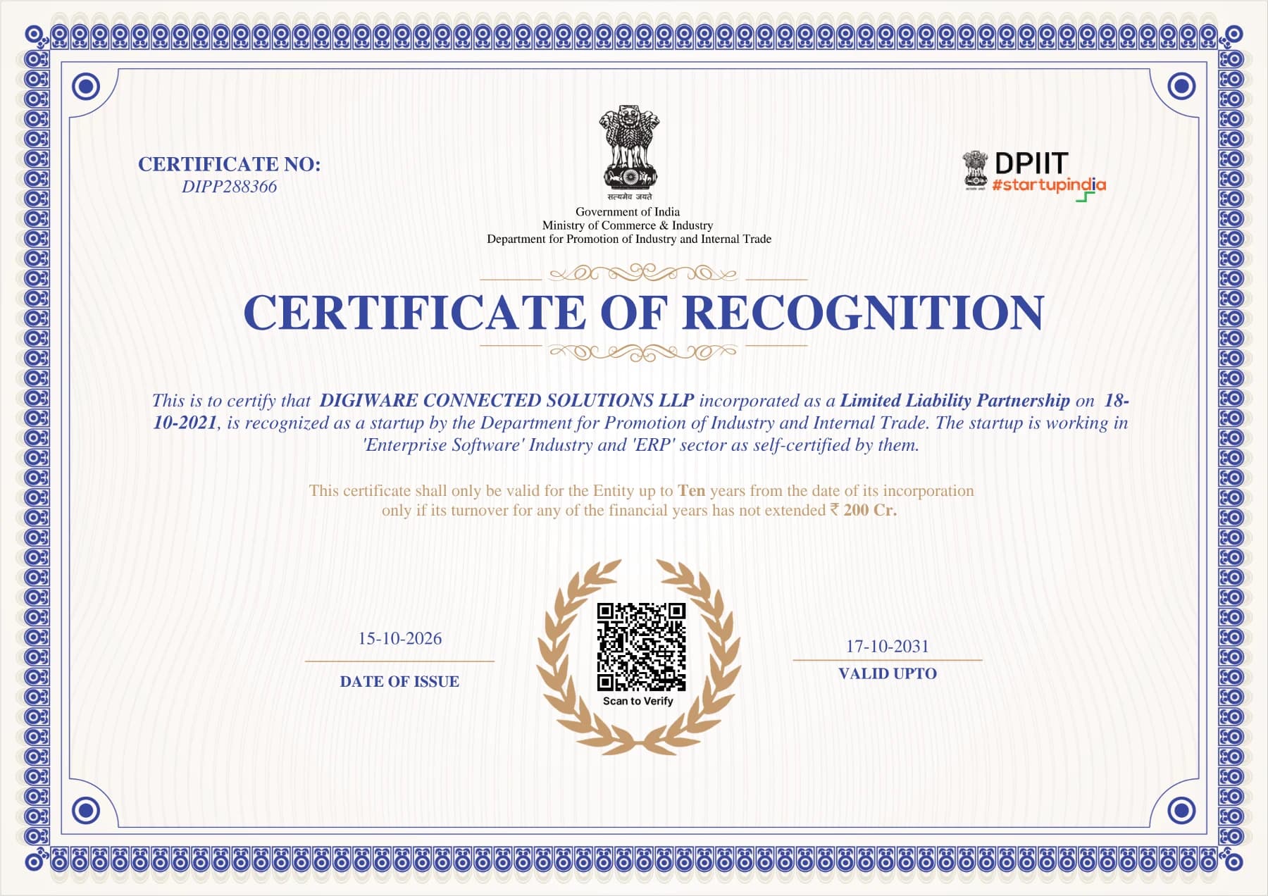 DPIIT Startup India Certificate of Recognition issued to Digiware Connected Solutions LLP, certificate number DIPP288366